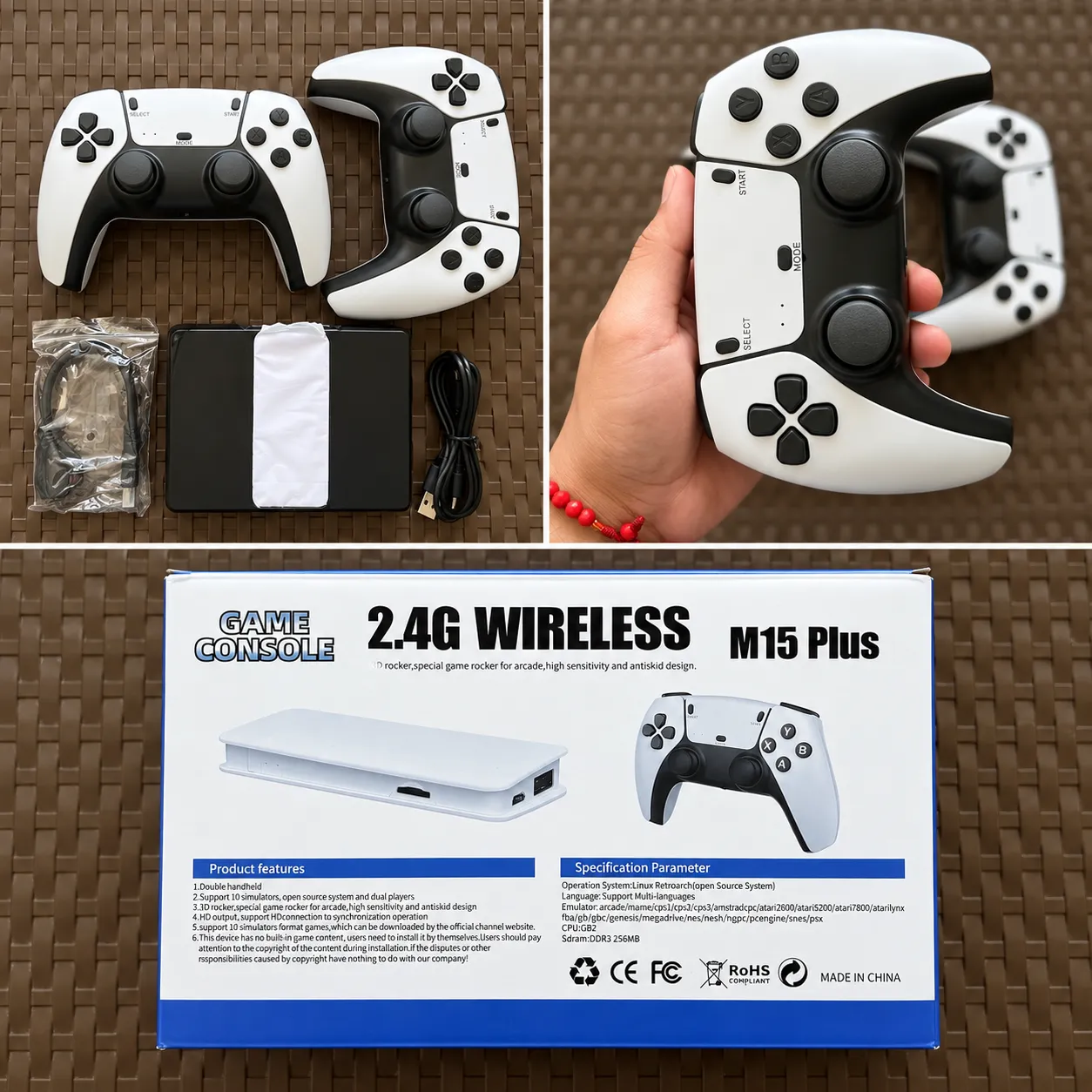 Contenido real del paquete: consola, dos controles inalámbricos, cable HDMI y cable de carga